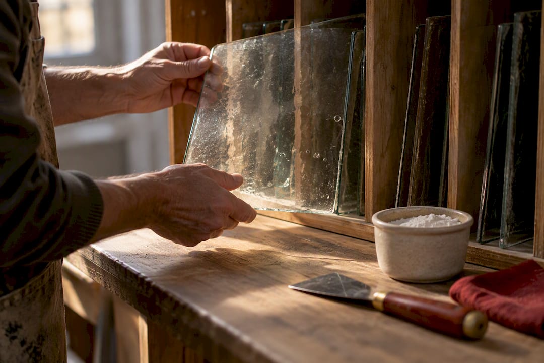 Wavy salvaged glass pane catching side light