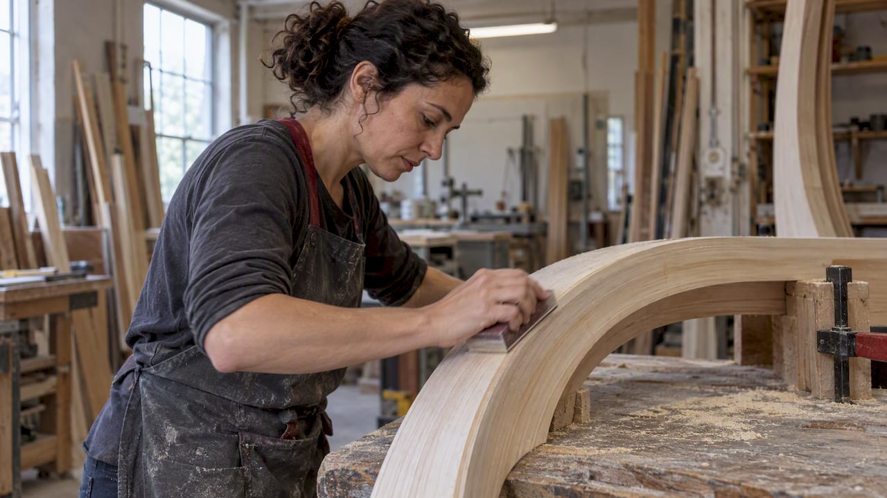 Worker sanding curved laminated molding