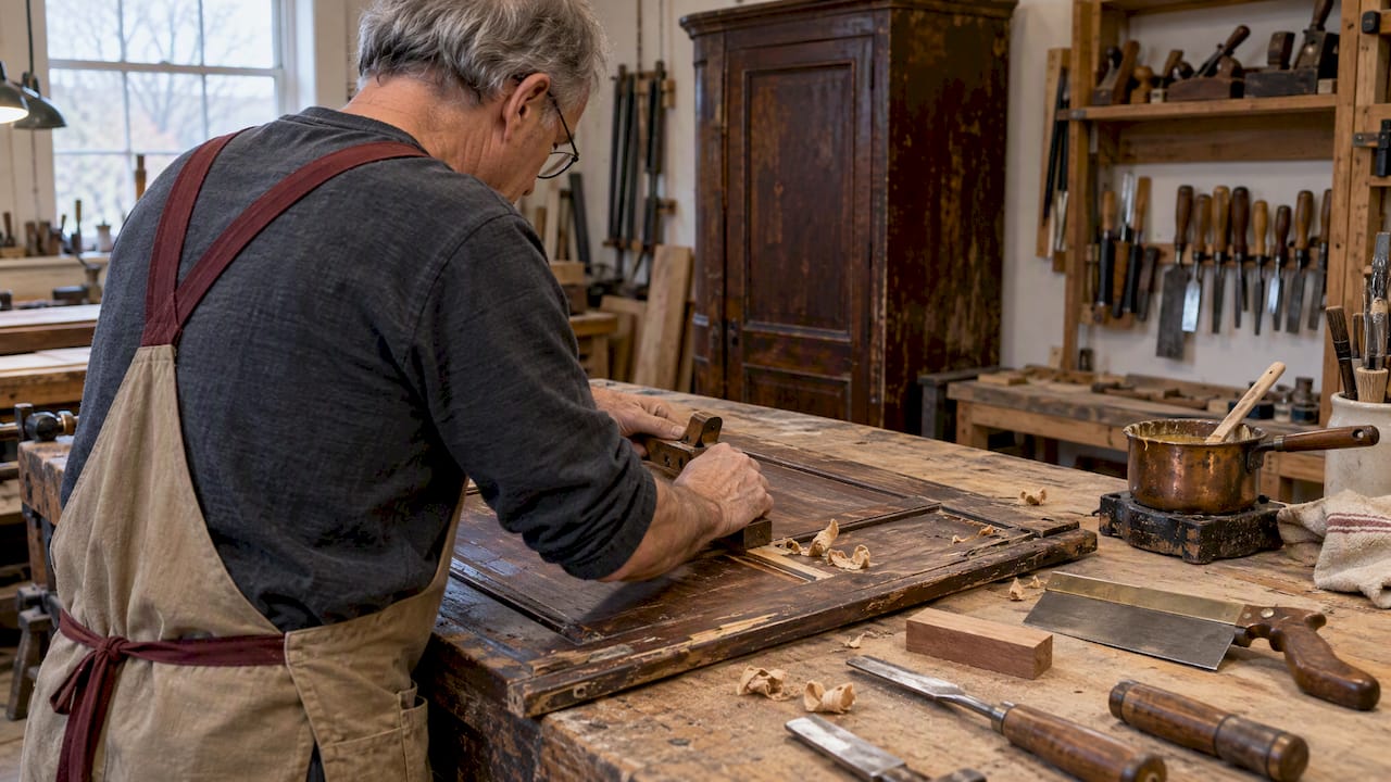 Historic cabinet restoration tools on workbench