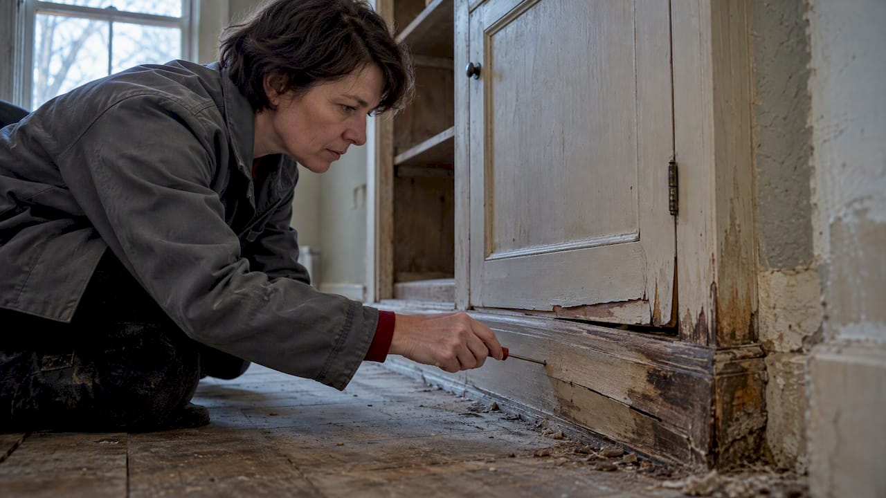 Conservator probing water-damaged cabinet base