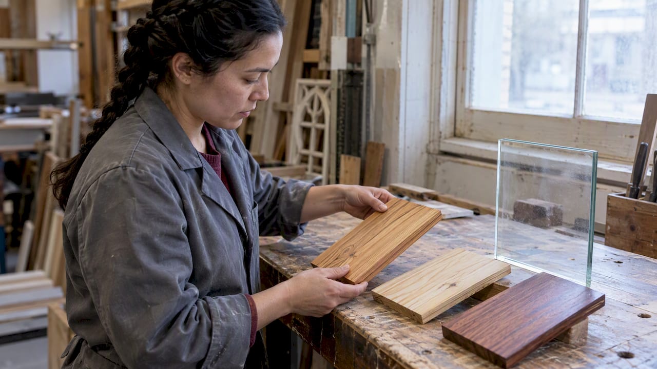 Wood species and glazing samples being compared