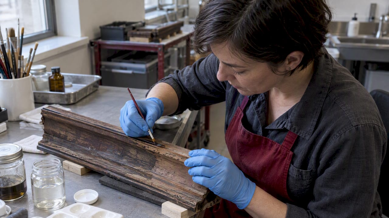 Conservator testing finish on historic wood trim