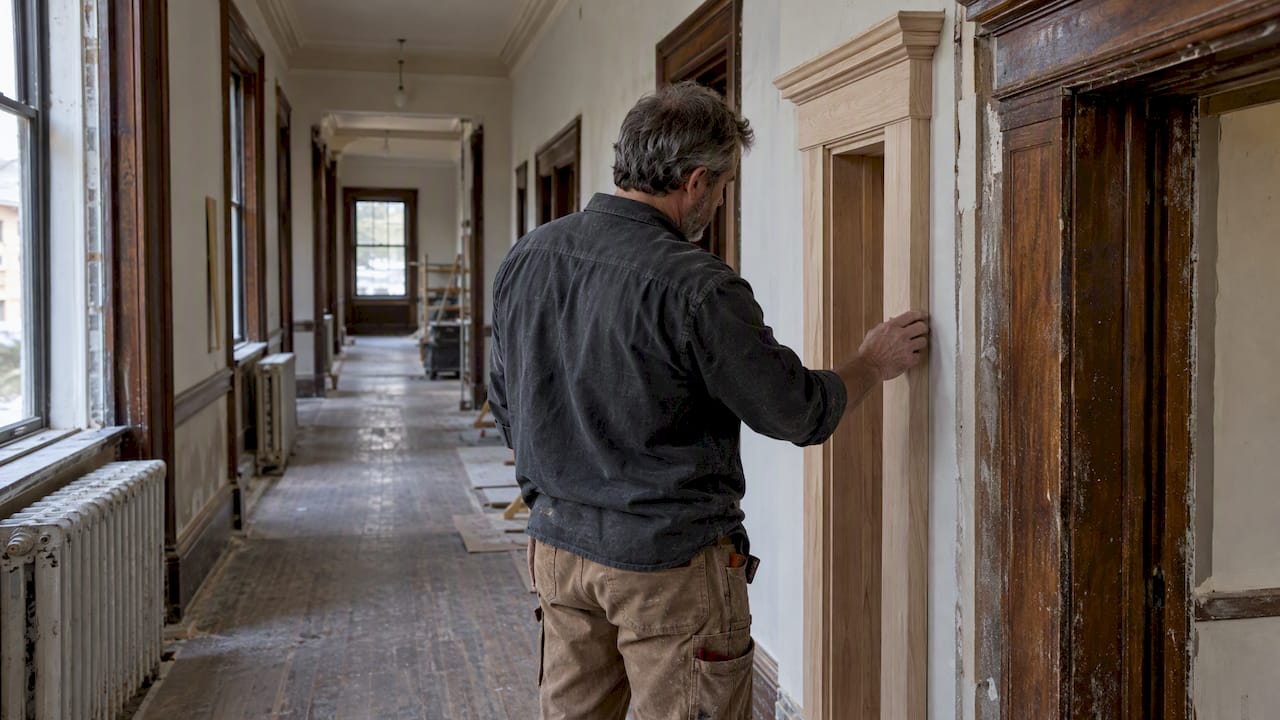 Craftsperson comparing casing sample with original trim