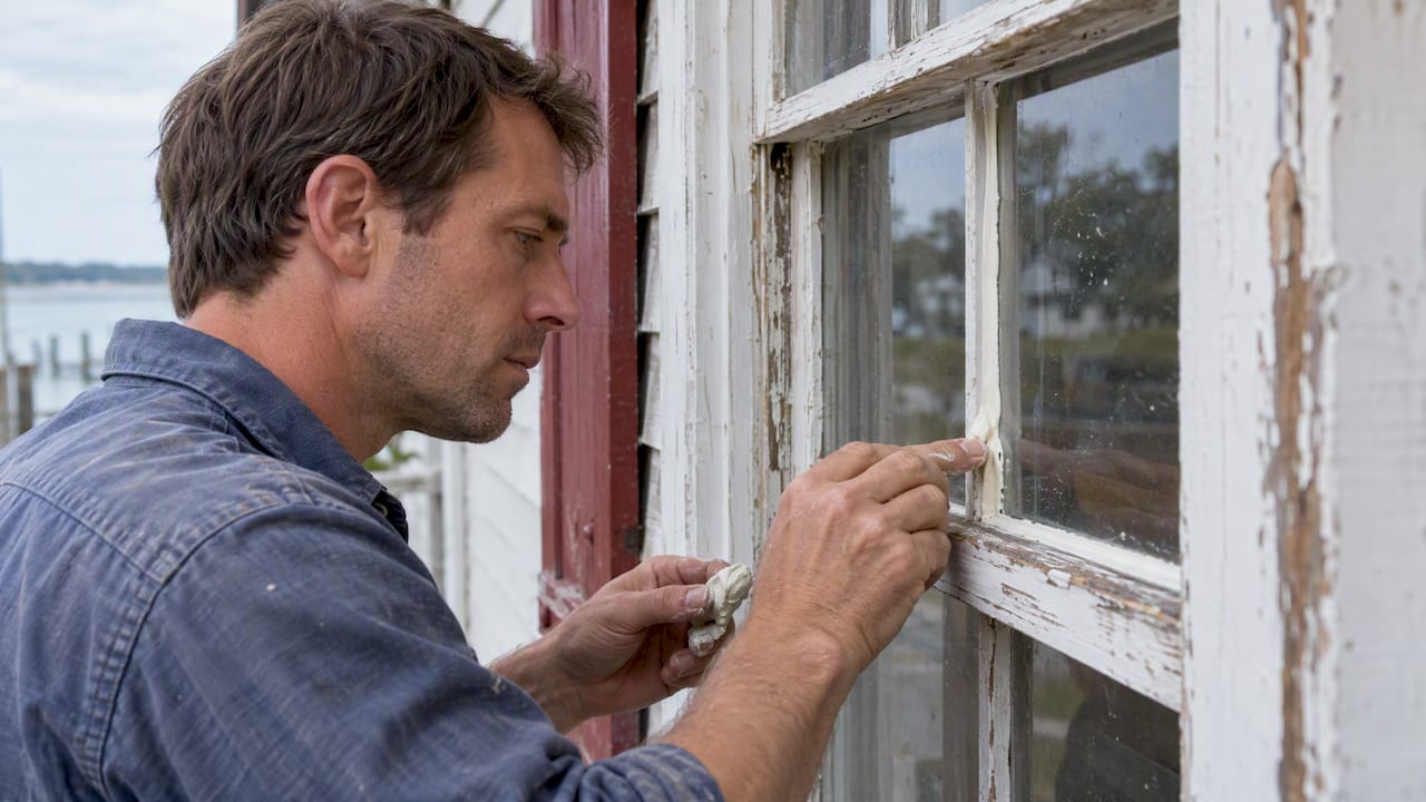 Carpenter reglazing a historic wood sash