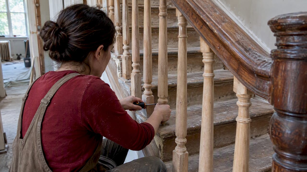 Carpenter securing evenly spaced stair balusters