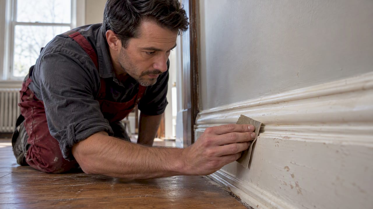 Carpenter hand-sands a shaped wood trim profile