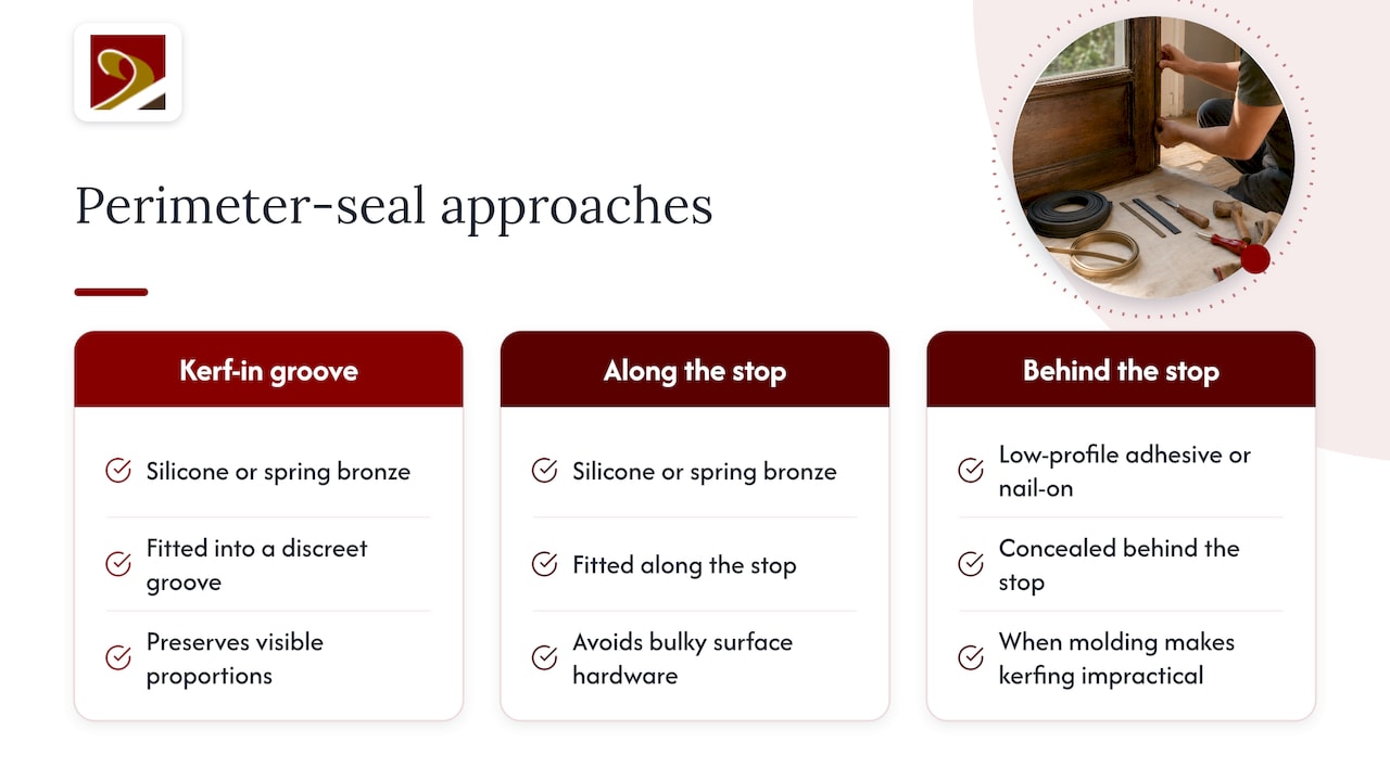 Three discreet weatherstrip placements on a wood door