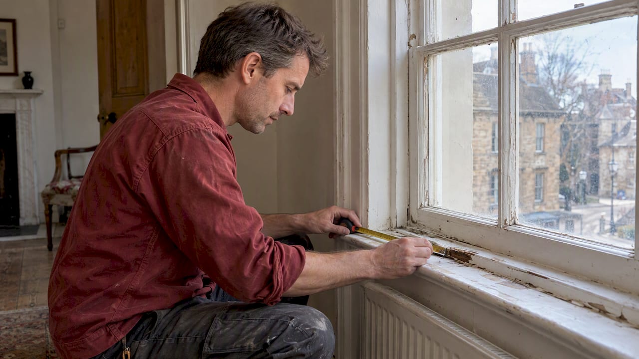Contractor checking a historic sash sill