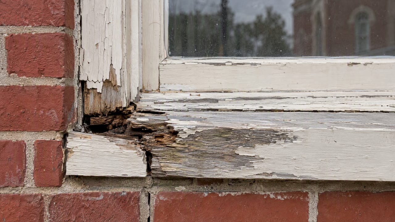 Rot and failed joinery on historic window sill