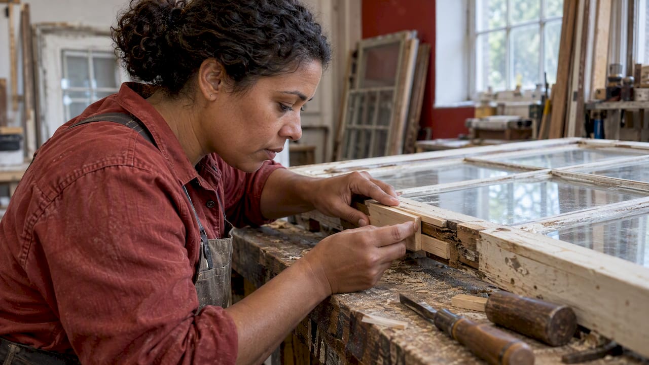 Carpenter fitting a splice into historic sash rail