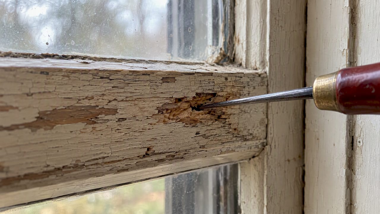 Awl testing softened wood on an old sash