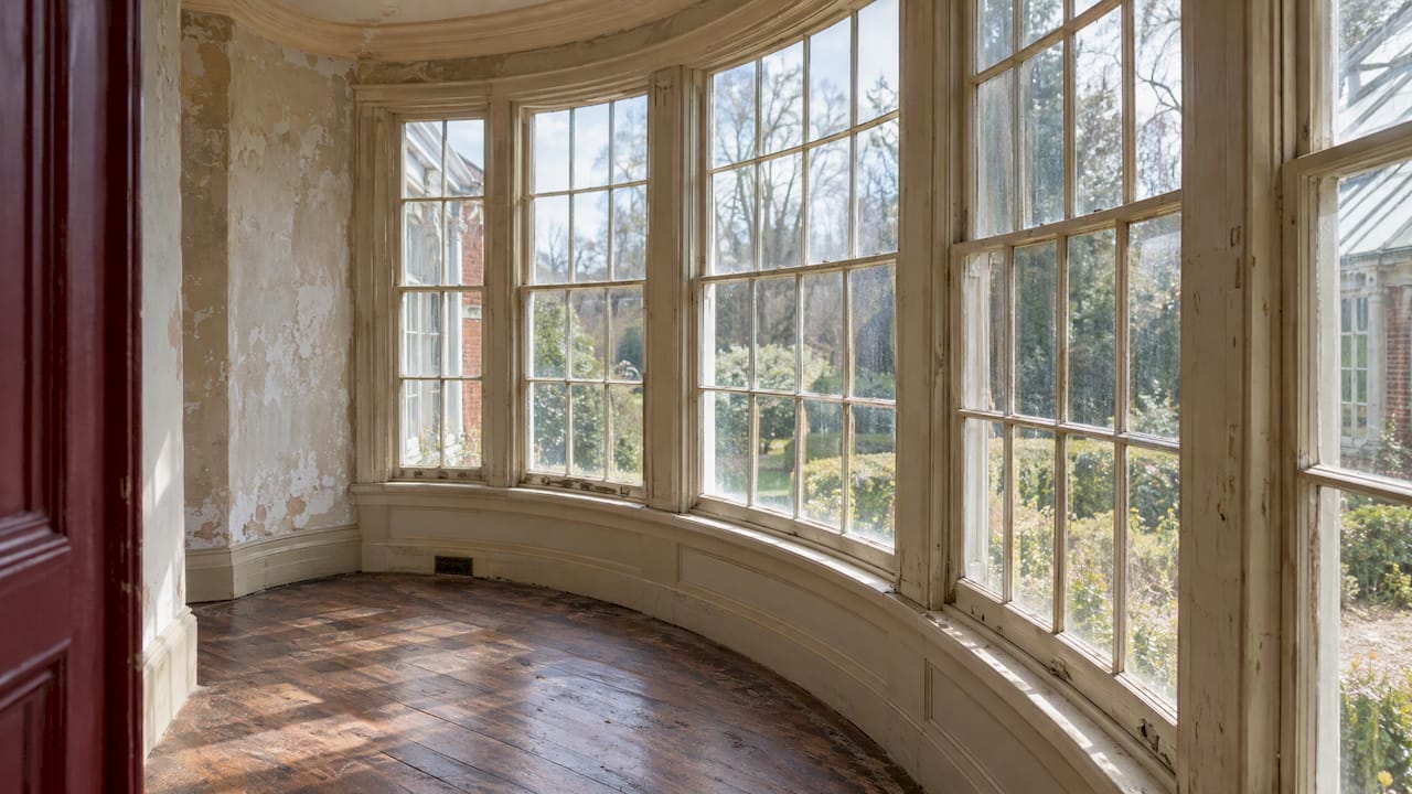 Curved wood sash fitted into a historic wall